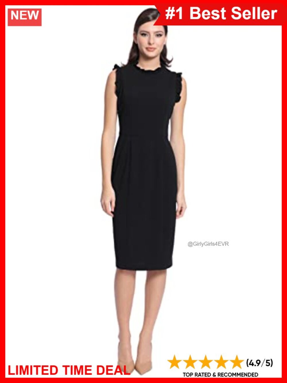 Ruffle Mock Neck Sheath Dress Sleeveless Knee Length Work